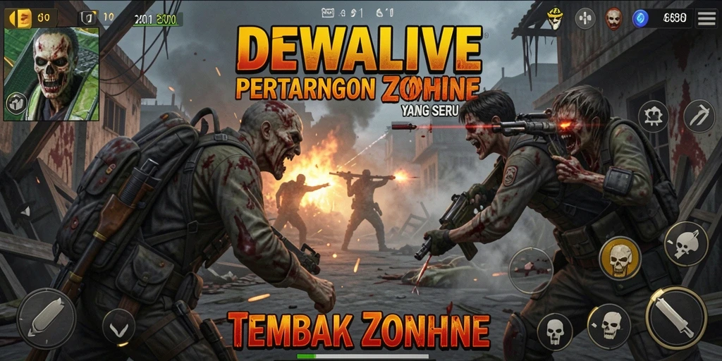 Antarmuka game DEWALIVE menampilkan aksi menembak zombie yang mendebarkan.