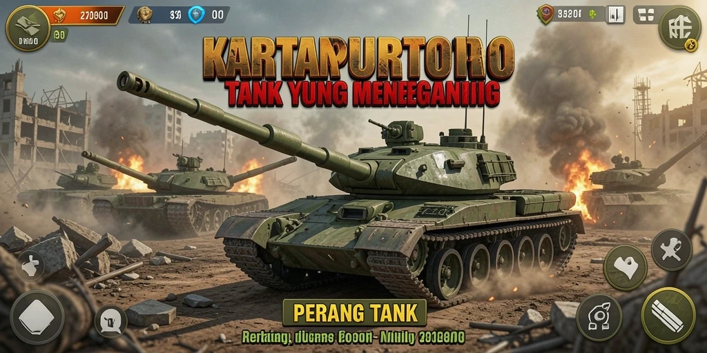 Tampilan antarmuka KAMARTOTO dengan tank dan medan perang yang dinamis.